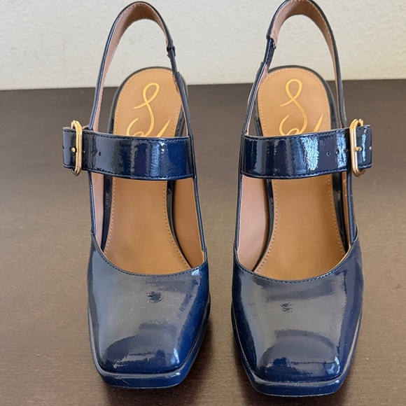 NWOT Sam Edelman Navy Patent Mary Jane Slingback Heels with Gold Buckle Accent - Picture 3 of 11
